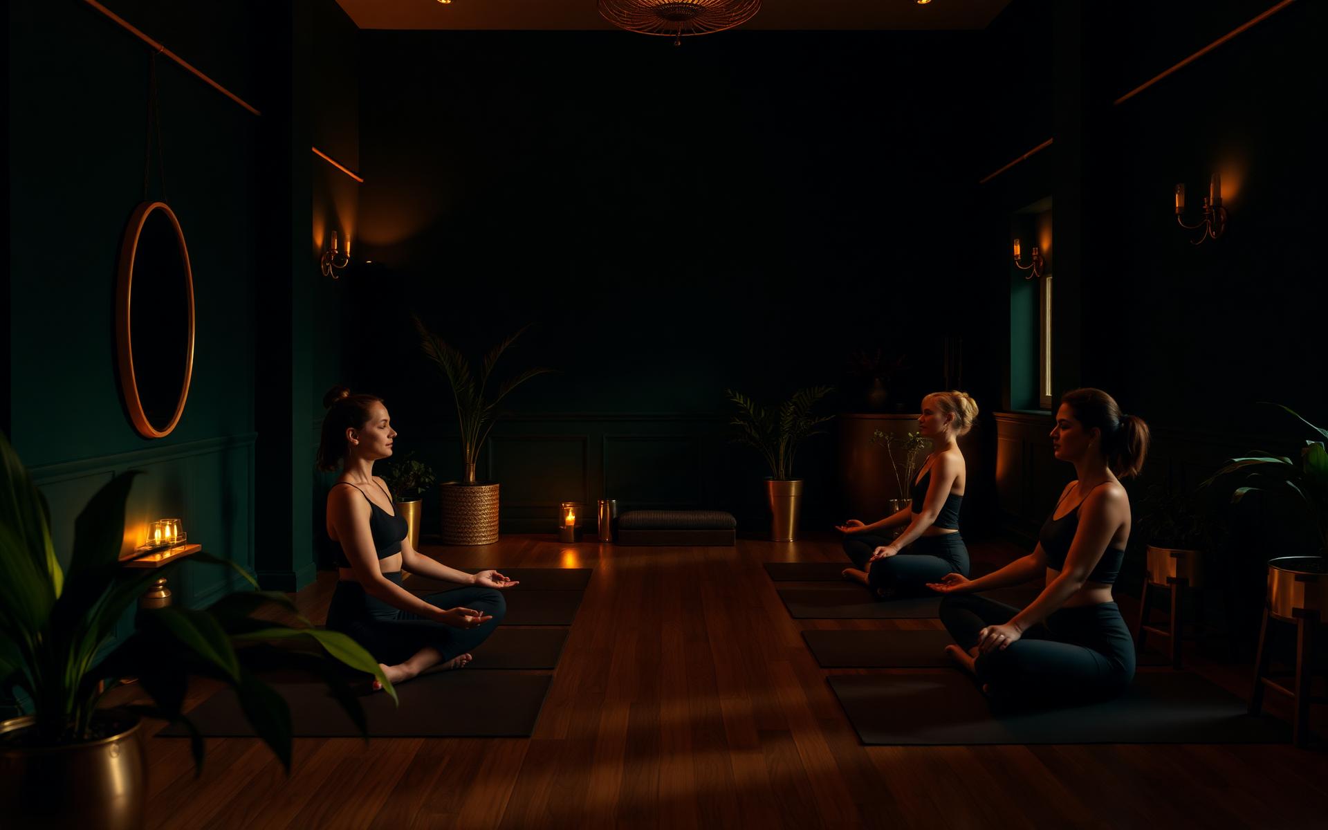 Ambiente sereno de meditação com luz dourada e tons de verde profundo
